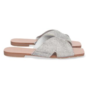 Sandalia Plana con Strass en la Pala en Plata