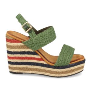 Sandalia de Cuña con Yute Multicolor y Hebillas en Verde