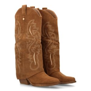 Bota mujer con grabado en caña en Camel