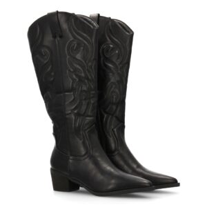 Bota cowboy alta con bordados decorativos en Negro