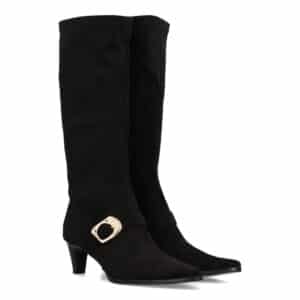 Bota alta con hebilla dorada para mujer en Negro