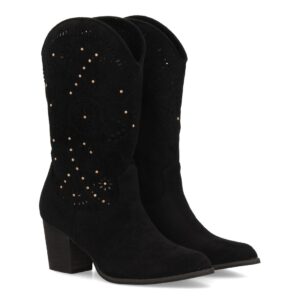 Botas cowboy con tacón y troquelado floral en Negro