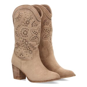 Botas cowboy con tacón y troquelado floral en Beige
