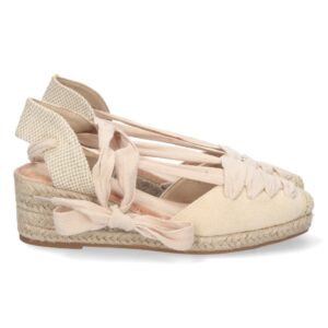 Sandalia de Cuña con Yute y Cordones en Beige
