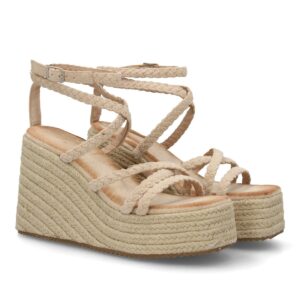 Sandalia cuña trenzada plataforma mujer en Beige
