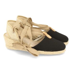 Sandalia de Cuña con Yute y Cordones en Negro