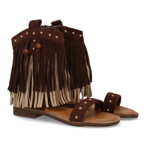 Sandalia abotinada boho flecos mujer casual en Marrón
