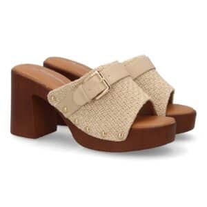 Sandalia mujer tacón madera ancho con hebilla en Beige