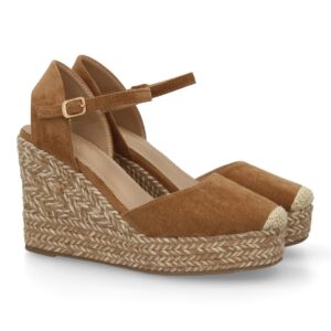 Alpargata de cuña con trenzado bicolor en Camel