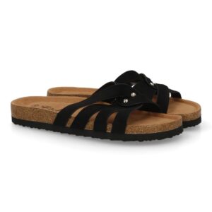 Sandalia plana mujer cómoda, diseño de tiras en Negro