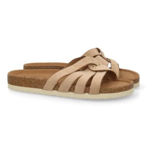 Sandalia plana mujer cómoda, diseño de tiras en Kaki
