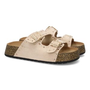 Sandalia plana mujer hebillas y tachulas en Beige