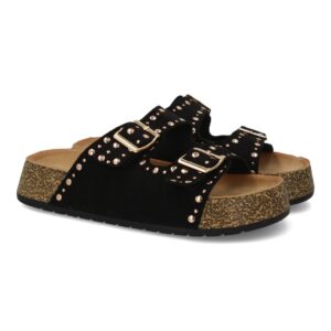 Sandalia plana mujer hebillas y tachuelas en Negro