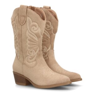 Bota cowboy mujer caña alta bordados tacón bajo campero