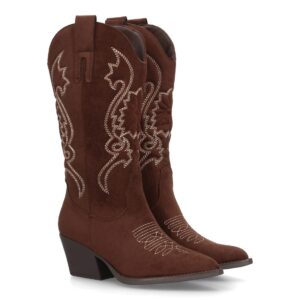Bota cowboy de caña alta con bordados en Café