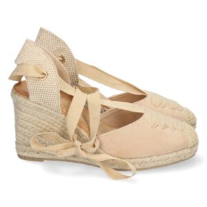 Sandalia de Cuña con Yute y Cordones en Beige