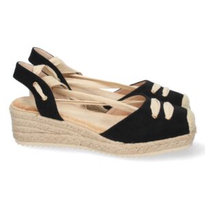 Sandalia de Cuña con Yute y Cordones en Negro