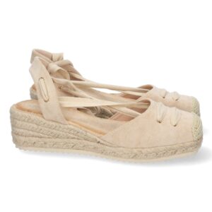 Sandalia de Cuña con Yute y Cordones en Beige