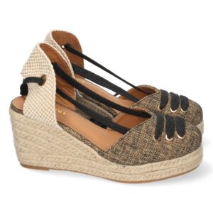 Sandalia de Cuña con Yute y Cordones en Negro