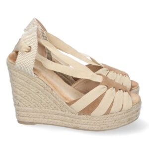Sandalia de Cuña con Yute y Cordones en Camel