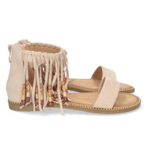 Sandalia Plana de Esclava con Flecos en Beige