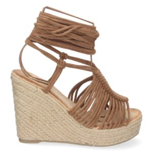 Sandalia de Cuña con Yute y Cordones en Camel