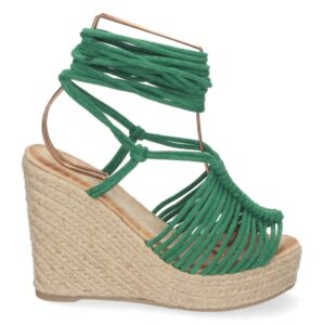 Sandalia de Cuña con Yute y Cordones en Verde