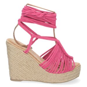 Sandalia de Cuña con Yute y Cordones en Fucsia