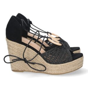 Sandalia de Cuña con Yute y Cordones en Negro