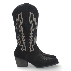 Bota Campera con Tacon y Bordado en Negro