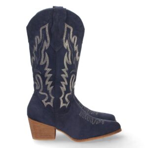 Bota Campera con Tacon y Bordado en Azul