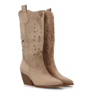 Bota alta cowboy mujer tacón y calados decorativos