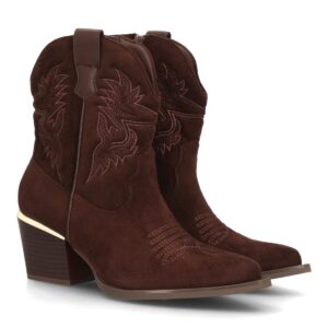 Botas cowboy bordadas con tacón ancho en Marrón