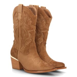 Botas cowboy bordadas con tacón ancho para mujer