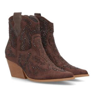 Botines cowboy con brillantes y tacón en Marrón