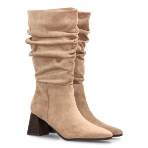 Botas fruncidas de tacón ancho para mujer en Verde